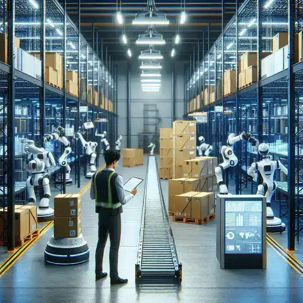 "Robotic systems in a modern warehouse optimizing operations and driving efficiency through automation, showcasing advanced technology in logistics management."