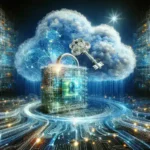 "Illustration of searchable encryption concept, showcasing secure cloud storage with a focus on data protection and privacy in digital searches."
