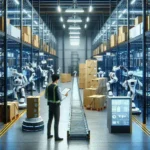 "Robotic systems in a modern warehouse optimizing operations and driving efficiency through automation, showcasing advanced technology in logistics management."