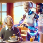 "Humanoid robot assisting elderly patient in a caregiving setting, illustrating the role of artificial intelligence in healthcare and the future of caregiving technology."