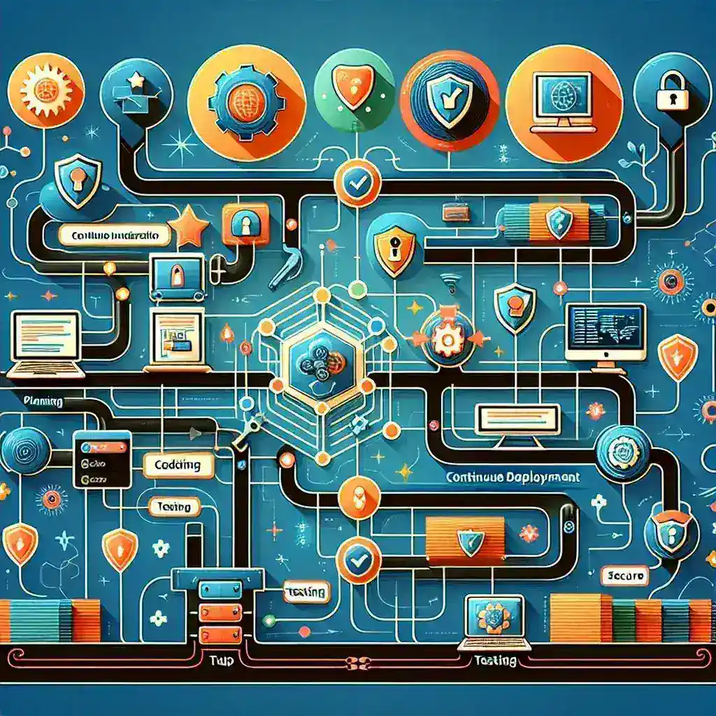 "Visual representation of secure automated deployment pipelines showcasing robust CI/CD infrastructure in modern software development, highlighting key components like continuous integration, continuous delivery, and security best practices."