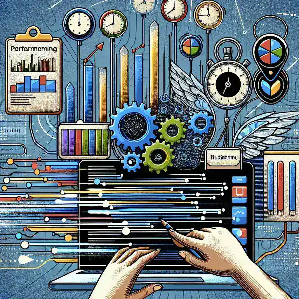 "Key tools for performance budgeting in frontend engineering, showcasing software interfaces and analytics dashboards, highlighting essential features for optimizing web application performance."
